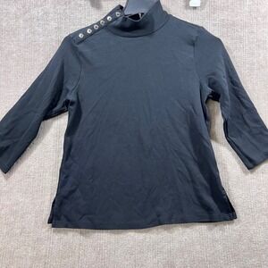 ISAAC MIZRAHI ESTATE Black Mock Neck Button Shoulder Three Quarter Sleeve Top M